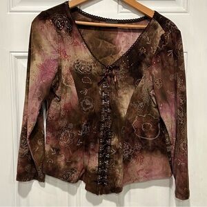Brown Floral Renaissance peasant-themed boho blouse, lace-up front